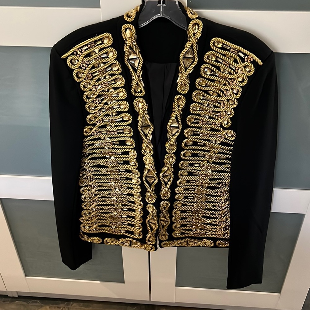 Black Military-Style Blazer with Gold Embroidery